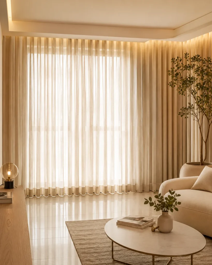 Sala de estar minimalista e iluminada em Brasília, DF, destacando cortinas modelo Wave sob medida em linho translúcido instaladas em sanca de gesso com iluminação de LED.