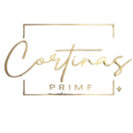 Logotipo oficial da Cortinas Prime em tom dourado com moldura geométrica.