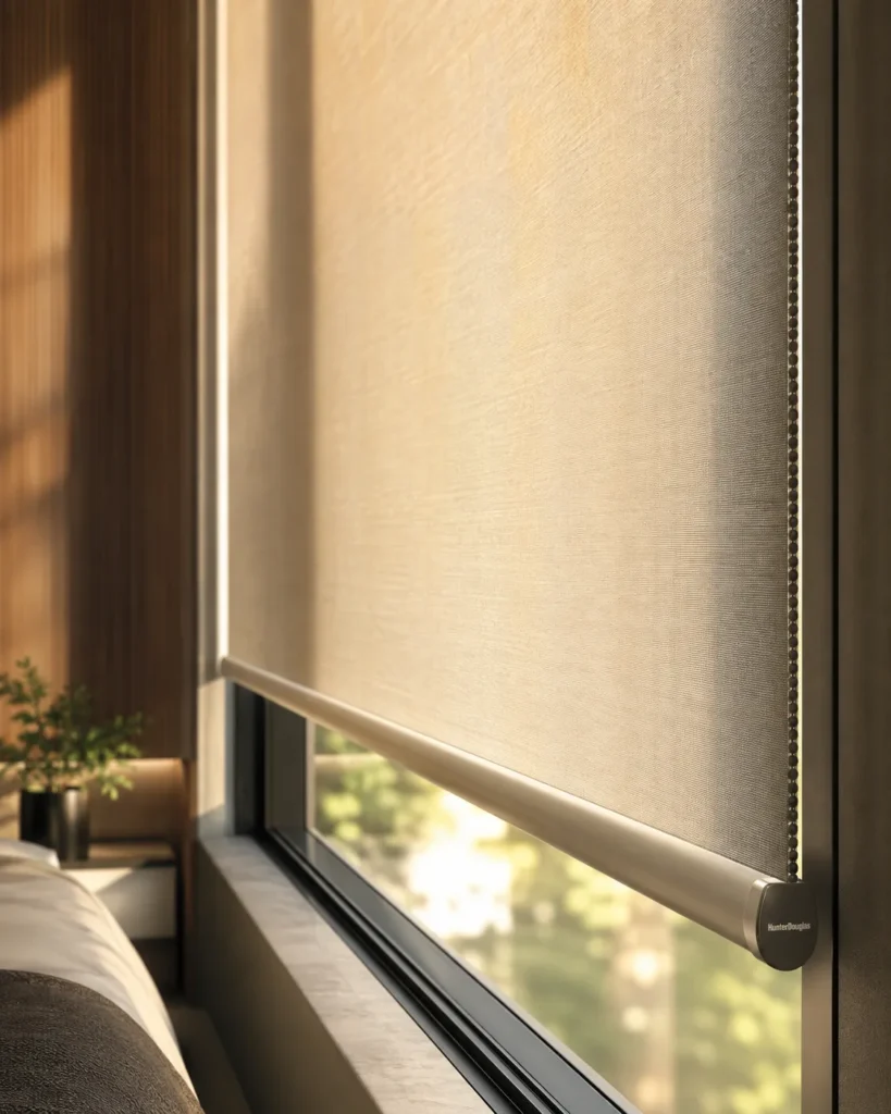 Detalhe aproximado do tecido premium de uma persiana rolô automatizada sob medida, filtrando a luz do sol matinal com sofisticação e privacidade.