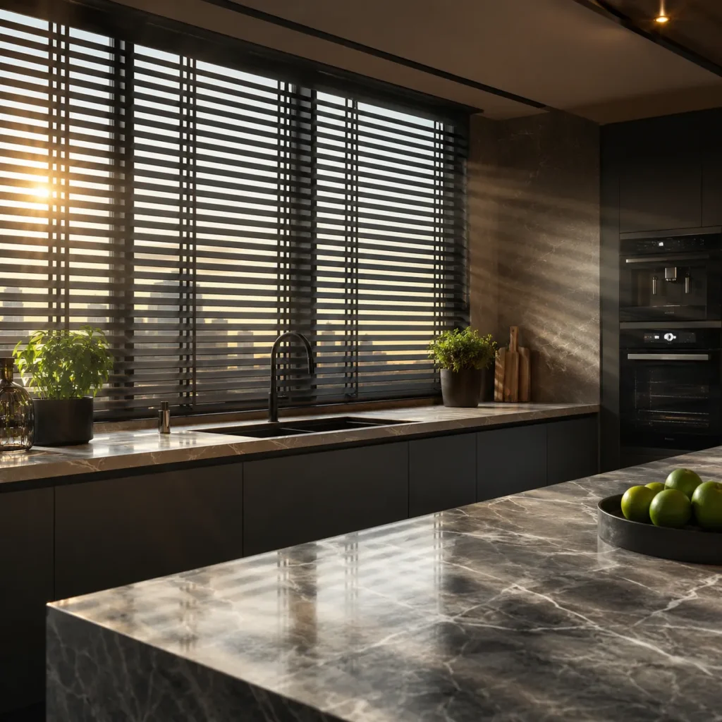 Cozinha moderna de alto padrão equipada com persianas automatizadas escuras alinhadas perfeitamente, proporcionando controle de luz e facilidade de limpeza.