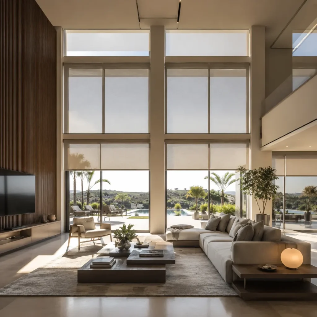 Sala de estar de luxo no Distrito Federal com pé direito duplo e persianas motorizadas modelo tela solar controlando a iluminação natural do ambiente.
