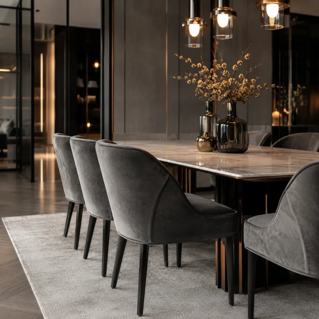 Sala de jantar moderna e luxuosa com cadeiras perfeitamente estofadas em veludo escuro ao redor de uma mesa de mármore.