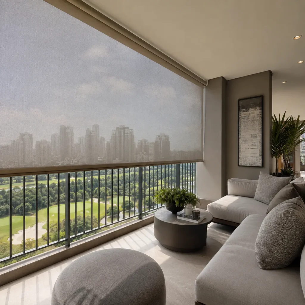 Varanda de apartamento luxuoso protegida por toldo vertical modelo rolô em tela solar bege.